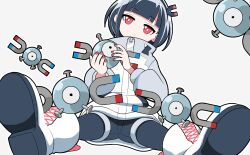 Rule 34 | :&lt;, black hair, black hairband, black pantyhose, black shorts, boots, bright pupils, character name, commentary, creatures (company), crossover, game freak, gen 1 pokemon, hairband, highres, holding, holding pokemon, jacket, jitomi monoe, long sleeves, looking at viewer, magnemite, magnet, nintendo, onpa (onpa sound), pantyhose, pokemon, pokemon (creature), red eyes, red nails, shoe soles, short hair, shorts, simple background, sitting, symbol-only commentary, trait connection, virtual youtuber, voms, white background, white footwear, white pupils, zipper pull tab