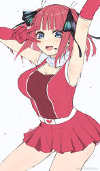 Rule 34 | 1girl, alternate costume, armpits, arms up, belt, black ribbon, blue eyes, blunt bangs, blush, breasts, butterfly hair ornament, choker, cleavage, commentary, elbow gloves, eyebrows hidden by hair, eyelashes, flying sweatdrops, gloves, go-toubun no hanayome, hair ornament, hair ribbon, happy, heart, highres, idol, irarei (araisanblog), large breasts, looking at viewer, medium hair, miniskirt, nakano nino, open mouth, paid reward available, pink hair, pleated skirt, red gloves, red shirt, red skirt, ribbon, round teeth, shirt, sidelocks, simple background, skirt, sleeveless, sleeveless shirt, solo, standing, straight hair, sweat, teeth, thighs, throat microphone, twitter username, two side up, upper teeth only, v, v over eye, watermark, web address, white background, white belt, white choker, wind, wind lift