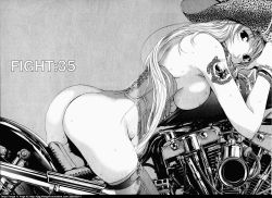 Rule 34 | 1girl, ass, back, blush, bottomless, bracelet, breast press, breasts, chain, comic, corset, cowboy hat, cowboy western, female pubic hair, flower, greyscale, hat, highres, jewelry, large breasts, long hair, looking back, lying, monochrome, motor vehicle, motorcycle, natsume maya, no panties, on stomach, oogure ito, pubic hair, rose, scan, sideboob, skull, solo, sweat, tattoo, tenjou tenge, thighhighs, vehicle, white hair
