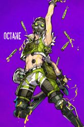 Rule 34 | 1boy, abs, animification, apex legends, black headwear, cropped vest, goggles, green vest, highres, holding, holding syringe, looking at viewer, male focus, mask, mechanical legs, midriff, mika pikazo, mouth mask, navel, octane (apex legends), purple background, shorts, solo, syringe, vest, white shorts