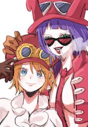 Rule 34 | 2girls, belo betty, blue eyes, blunt bangs, blush, bob cut, brown gloves, cigarette, close-up, cropped jacket, frilled shirt, frills, gloves, goggles, goggles on headwear, green eyes, hair between eyes, hat, highres, jacket, koala (one piece), looking at viewer, multiple girls, necktie, one piece, open clothes, open jacket, pink shirt, purple hair, red-tinted eyewear, red hat, red jacket, red lips, red necktie, ri fanart, shirt, simple background, smile, smoke, sunglasses, tinted eyewear, white background