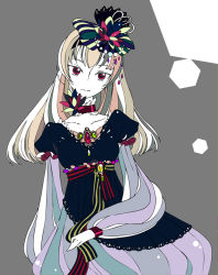 Rule 34 | 1girl, axis powers hetalia, belarus (hetalia), blonde hair, brooch, choker, collarbone, colored skin, dress, hair ornament, hair ribbon, hairband, jewelry, long hair, looking at viewer, moyashi nabe, multicolored hair, puffy sleeves, red eyes, ribbon, simple background, solo, staring, striped clothes, striped dress, white skin