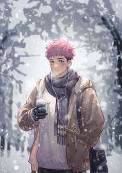 Rule 34 | 1boy, alternate costume, beige jacket, black hair, black scarf, breath, brown eyes, cup, disposable cup, facial mark, highres, hood, hooded jacket, itadori yuuji, jacket, jujutsu kaisen, looking at viewer, male focus, mosi l, pink hair, scarf, short hair, snowing, solo, spiked hair, sweater, textless version, undercut, upper body, white sweater, winter clothes