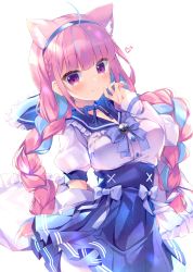 Rule 34 | 1girl, animal ear fluff, animal ears, blue bow, blue hair, blue hairband, blue ribbon, blue sailor collar, blue skirt, blurry, blurry background, bow, braid, breasts, cat ears, closed mouth, depth of field, frilled sailor collar, frills, hairband, hand up, heart, highres, hololive, jacket, long hair, long sleeves, looking at viewer, medium breasts, minato aqua, minato aqua (sailor), multicolored hair, nanamomo rio, open clothes, open jacket, pantyhose, pink hair, pleated skirt, puffy short sleeves, puffy sleeves, purple eyes, ribbon, sailor collar, shirt, short sleeves, simple background, skirt, sleeves past wrists, smile, solo, twin braids, twintails, two-tone hair, very long hair, virtual youtuber, white background, white jacket, white pantyhose, white shirt