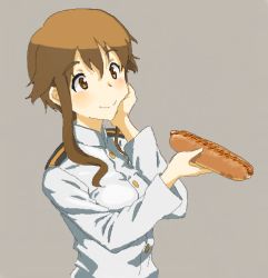 Rule 34 | 1girl, bad id, bad pixiv id, blush, brown eyes, brown hair, grey background, hand on own cheek, hand on own face, holding, hot dog, long hair, long sleeves, military, military uniform, oekaki, shiratama (hockey), sidelocks, simple background, smile, solo, strike witches, strike witches: kurenai no majo-tachi, takei junko, uniform, world witches series