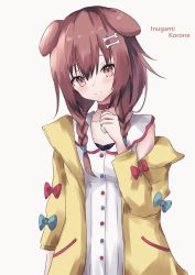 Rule 34 | 1girl, animal ears, blue bow, blush, bone hair ornament, bow, braid, brown eyes, brown hair, cartoon bone, choker, closed mouth, collarbone, collared dress, dog ears, dress, grey background, hair ornament, hair over shoulder, hand up, hayashi maka, highres, hololive, inugami korone, inugami korone (1st costume), jacket, long hair, long sleeves, off shoulder, open clothes, open jacket, red bow, red choker, simple background, smile, solo, twin braids, upper body, virtual youtuber, white dress, yellow jacket