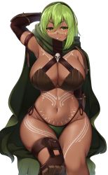 Rule 34 | 1girl, absurdres, bad id, bad twitter id, bodypaint, borrowed character, breasts, cape, commission, dark-skinned female, dark skin, exalted, green eyes, green hair, headband, highres, large breasts, lips, looking at viewer, medium hair, navel, original, saiya the viridian shade (ashiavain), simple background, skeb commission, smile, solo, suruga (xsurugax), teeth, thick thighs, thighs, toned, white background