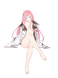 Rule 34 | 10s, 1girl, barefoot, blue eyes, breasts, coat, collarbone, darling in the franxx, feet, floating hair, full body, head tilt, horns, invisible chair, crossed legs, long hair, looking at viewer, medium breasts, naked coat, open clothes, open coat, pink hair, simple background, sitting, siun, solo, very long hair, white background, white coat, zero two (darling in the franxx)