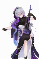 Rule 34 | 1girl, :d, absurdres, akashin, asymmetrical gloves, asymmetrical legwear, black dress, black gloves, black legwear, bronya zaychik, bronya zaychik (silverwing: n-ex), china dress, chinese clothes, crossed legs, dress, drill hair, dual persona, erhu, gloves, grey eyes, grey hair, hair between eyes, hair ornament, highres, holding, holding instrument, honkai (series), honkai impact 3rd, instrument, invisible chair, long hair, looking at viewer, mismatched gloves, mismatched legwear, open mouth, simple background, sitting, smile, solo, sunglasses, twin drills, white background