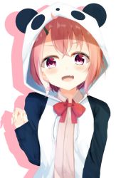 Rule 34 | 1girl, :d, ahoge, animal ears, animal hood, aties20, blush, bow, collared shirt, colored shadow, commentary request, drawstring, dress shirt, drop shadow, earrings, fake animal ears, fang, hair between eyes, hair ornament, hairclip, hand up, hood, hood up, hooded jacket, jacket, jewelry, long sleeves, looking at viewer, multicolored hair, nijisanji, open clothes, open jacket, open mouth, panda ears, panda hood, pink hair, pink shirt, purple eyes, red bow, sasaki saku, sasaki saku (1st costume), shadow, shirt, sleeves past wrists, smile, solo, streaked hair, upper body, virtual youtuber, white background, white hair, white jacket