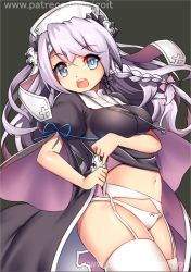 Rule 34 | 1girl, azur lane, black background, black dress, blue eyes, blush, braid, breasts, bright pupils, clothes lift, cowboy shot, dress, dress lift, garter belt, go-it, hat, lifting own clothes, looking at viewer, medium breasts, open mouth, panties, pink hair, puffy short sleeves, puffy sleeves, short sleeves, simple background, single braid, solo, standing, thighhighs, underwear, vestal (azur lane), watermark, web address, white hat, white panties, white thighhighs