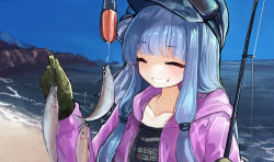 Rule 34 | 1girl, beach, black shirt, blue hair, blunt bangs, closed eyes, collarbone, commentary, fish, fishing rod, gloves, goggles, goggles on headwear, green gloves, grin, hat, highres, holding, holding fishing rod, hood, hoodie, kotonoha aoi, long hair, microa, ocean, outdoors, purple hoodie, shirt, sidelocks, smile, solo, upper body, voiceroid