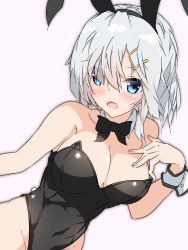 Rule 34 | 1girl, :d, absurdres, animal ears, bare shoulders, black legwear, blue eyes, blush, bow, bowtie, breasts, rabbit ears, cleavage, detached collar, fake animal ears, hair ornament, hair over one eye, hairclip, halkawa501, hamakaze (kancolle), hand on own chest, highres, kantai collection, large breasts, leotard, looking at viewer, open mouth, playboy bunny, short hair, silver hair, simple background, smile, solo, white background, wrist cuffs
