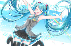 Rule 34 | 00s, 1girl, :d, ^ ^, aqua hair, aqua necktie, armpits, bare shoulders, beamed eighth notes, beamed sixteenth notes, belt, black skirt, blue sky, blush, closed eyes, cloud, cloudy sky, commentary, detached sleeves, eighth note, grey shirt, hair ornament, hatsune miku, headset, highres, jumping, legs up, long hair, musical note, necktie, open mouth, outstretched arms, quarter note, rainbow, shirt, skirt, sky, sleeveless, sleeveless shirt, smile, solo, staff (music), star (symbol), supo01, thighhighs, twintails, very long hair, vocaloid, zettai ryouiki