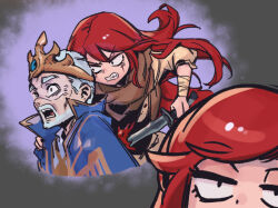 Rule 34 | 1boy, 1girl, angry, assassination, blood, clenched teeth, cropped torso, crown, grey hair, hand on another&#039;s shoulder, holding, holding knife, katarina (league of legends), king, knife, league of legends, long hair, multiple views, open mouth, phantom ix row, red hair, royal robe, scar, scar across eye, short hair, teeth