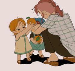 Rule 34 | 3girls, aged down, arms up, bellemere, black eyes, blue hair, blush, child, food, fruit, headband, holding, holding food, holding fruit, looking at another, mandarin orange, mother and daughter, multiple girls, nami (one piece), nojiko, numata (oioioioiai), one piece, orange hair, outstretched arms, overall skirt, pants, pink hair, sandals, shirt, short hair, simple background, squatting, standing