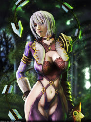 Rule 34 | 1girl, armor, blue eyes, breasts, cleavage, earrings, eyeshadow, isabella valentine, jewelry, large breasts, lipstick, makeup, short hair, solo, soul calibur, soulcalibur v, upper body, very short hair, weapon, whip sword, white hair