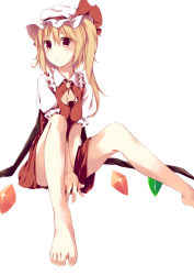 Rule 34 | 1girl, ascot, barefoot, blonde hair, bow, dress, embodiment of scarlet devil, fal maro, feet, female focus, flandre scarlet, hat, highres, looking at viewer, red eyes, ribbon, short hair, side ponytail, simple background, sitting, solo, touhou, v arms, wings