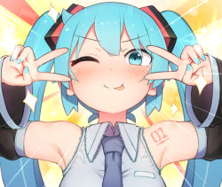 Rule 34 | 1girl, :p, abmayo, aqua eyes, aqua hair, armpits, bare shoulders, black sleeves, blue necktie, blush, commentary, detached sleeves, double v, emotional engine - full drive, fate (series), grey shirt, hair ornament, hands up, hatsune miku, highres, long hair, looking at viewer, necktie, shirt, shoulder tattoo, sleeveless, sleeveless shirt, smile, solo, sparkle, sunburst, sunburst background, sweat, tattoo, tongue, tongue out, twintails, upper body, v, v-shaped eyebrows, vocaloid