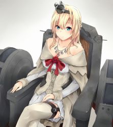 Rule 34 | 10s, 1girl, bare shoulders, blonde hair, blue eyes, braid, collarbone, corset, crossed legs, crown, dress, french braid, gradient background, hairband, jenson tw, jewelry, kantai collection, light smile, long hair, machinery, mini crown, necklace, off-shoulder dress, off shoulder, revision, sitting, smile, solo, thighhighs, throne, warspite (kancolle)