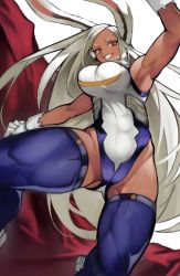 Rule 34 | 1girl, abs, animal ears, arm up, armpits, attack, bare arms, bare shoulders, boku no hero academia, breasts, dark-skinned female, dark skin, eyelashes, fur collar, gluteal fold, grin, groin, highleg, highleg leotard, highres, impossible clothes, impossible leotard, large breasts, leotard, long hair, looking at viewer, mirko, rabbit ears, rabbit girl, red eyes, smile, solo, thighhighs, thighs, toned, twisted torso, very long hair, white hair, yoshio (55level)