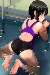Rule 34 | 1girl, absurdres, ass, backless swimsuit, bare arms, bare legs, bare shoulders, barefoot, black hair, black one-piece swimsuit, blush, brown eyes, competition swimsuit, highres, looking at viewer, looking back, matsunaga kouyou, one-piece swimsuit, original, partially submerged, purple one-piece swimsuit, solo, swimsuit, two-tone swimsuit, water