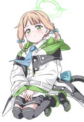 Rule 34 | 1girl, :&lt;, black footwear, black shorts, black thighhighs, blonde hair, blue archive, blue necktie, blush, bow, cat tail, coat, commentary request, fujiwara tatsuroo, full body, green bow, green eyes, green halo, hair bow, halo, highres, long sleeves, looking at viewer, medium hair, midair, midori (blue archive), necktie, oversized clothes, shirt, shorts, sidelocks, solo, sweat, tail, tail bow, tail ornament, thighhighs, thighs, white background, white coat, white shirt, wing collar