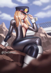 Rule 34 | 10s, 1girl, artist name, black bodysuit, blonde hair, blue sky, blush, bodysuit, boku no hero academia, breasts, center opening, cleavage, cloud, collar, crossed legs, day, debris, hat, highres, holding, holding clothes, holding hat, large breasts, long hair, looking at viewer, navel, no bra, open bodysuit, open clothes, parted lips, peaked cap, rubble, sitting, skin tight, sky, solo, unzipped, utsushimi kemii, zixeleven