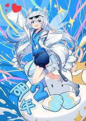 Rule 34 | 1girl, :d, blue background, blue eyes, blue hair, blue shirt, blue shorts, boots, cake, coat, eyewear on head, food, full body, heart, highres, id card, jell (jell y fish), knee boots, lab coat, long hair, long sleeves, looking at viewer, mihoyo, miyouji, open mouth, shirt, shorts, smile, solo, sunglasses, sweatdrop, white coat, white footwear
