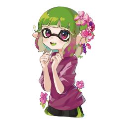 Rule 34 | 1girl, black shorts, dolphin shorts, fangs, flower, gradient hair, green hair, green trim, hair flower, hair ornament, highres, inkling, inkling girl, inkling player character, medium hair, multicolored hair, nintendo, open mouth, pink eyes, pink flower, pink hair, pointy ears, purple shirt, rukaill k, shirt, shorts, solo, splatoon (series), tentacle hair, two-tone hair, white background