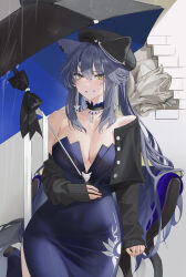 Rule 34 | 1girl, absurdres, animal ears, arknights, bare shoulders, beret, black choker, black hair, black hat, black jacket, black umbrella, blue dress, choker, commentary request, cowboy shot, dress, feather pen113, hat, highres, jacket, long hair, looking at viewer, open clothes, open jacket, solo, standing, strapless, strapless dress, texas (arknights), umbrella, very long hair, wolf ears, yellow eyes