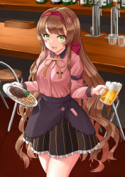 Rule 34 | 1girl, alcohol, bar (place), beer, beer mug, black skirt, blouse, blunt bangs, brown hair, chair, commentary request, cowboy shot, cup, flower, food, french fries, green eyes, hair flower, hair ornament, hairband, helena (kancolle), kantai collection, long hair, mayura (lucadia), mug, official alternate costume, pink shirt, red hairband, shirt, skirt, solo, steak, striped clothes, striped skirt, waitress