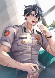 1boy black_hair black_pants earrings fangs food genshin_impact gloves grey_eyes grey_hair hair_between_eyes highres indonesian_national_police jewelry male_focus meatball multicolored_hair nasybabhat open_mouth pants police police_uniform scar short_hair solo streaked_hair tongue wriothesley_(genshin_impact)