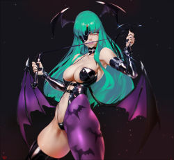 Rule 34 | 1girl, absurdres, alternate costume, animal print, aqua eyes, aqua hair, areola slip, arm belt, asymmetrical clothes, asymmetrical legwear, bat print, biting, black background, black leotard, black nails, black pantyhose, black wings, bracelet, breasts, bridal gauntlets, cleavage, collar, collarbone, cowboy shot, demon girl, eyelashes, eyepatch, fangs, glint, gradient background, halterneck, head wings, highres, holding, holding weapon, jewelry, large breasts, leotard, light particles, long hair, looking at viewer, low wings, morrigan aensland, multiple wings, nail polish, navel, one eye covered, pantyhose, print legwear, purple thighhighs, shiny clothes, signature, single leg pantyhose, single thighhigh, skindentation, solo, sparkle, spiked bracelet, spikes, stomach, thighhighs, uneven legwear, vampire (game), weapon, whip, wings, yd (orange maru)