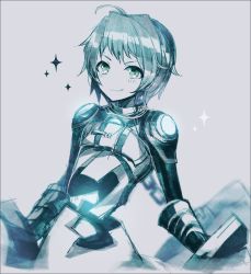 Rule 34 | 1girl, adenine (xenoblade), armor, blue hair, blush, bodysuit, book, gauntlets, gloves, highres, looking at viewer, nintendo, ramice730, short hair, simple background, smile, solo, xenoblade chronicles (series), xenoblade chronicles 2, xenoblade chronicles (series), xenoblade chronicles 2