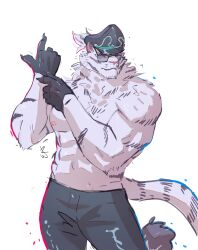 Rule 34 | 1boy, abs, absurdres, animal ears, bara, black gloves, claws, commentary, dislyte, english commentary, furry, furry male, gloves, highres, hllwwes, jin qiu (ru shou) (dislyte), looking at viewer, male focus, muscular, muscular male, pectorals, sunglasses, tail, tiger boy, tiger ears, tiger stripes, tiger tail, topless male, white background