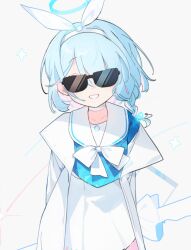 Rule 34 | 1girl, arin (fanfan013), arona (blue archive), blue archive, blue hair, blue halo, blush, bow hairband, braid, choker, coat, cowboy shot, grey background, grin, hair over one eye, hairband, halo, looking at viewer, open clothes, open coat, sailor collar, short hair, simple background, single braid, skirt, smile, solo, sunglasses, white choker, white coat, white hairband, white sailor collar, white skirt