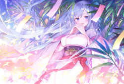 Rule 34 | 1girl, bird, blue eyes, blue hair, breasts, emori miku, ibara riato, interlocked fingers, japanese clothes, kimono, large breasts, leaf, liver city, long hair, looking at viewer, obi, open mouth, own hands together, paper, plant, red ribbon, ribbon, sash, solo, tanabata, very long hair, white kimono, wide sleeves