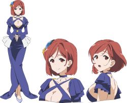 Rule 34 | 1girl, absurdres, ariadoa, blue dress, breasts, choker, cleavage, collarbone, dress, eyelashes, female focus, full body, hair ornament, highres, jewelry, kono yuusha ga ore tueee kuse ni shinchou sugiru, large breasts, looking at viewer, official art, red hair, short hair, simple background, smile, solo, white background