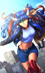 Rule 34 | 1girl, backpack, bag, black jacket, blue hair, blue shorts, blue sky, blunt bangs, blurry, blurry background, breasts, cacodemon, cityscape, commentary, cyclops, day, doom (series), english commentary, green eyes, hair ornament, hair scrunchie, highres, horns, jacket, long hair, long sleeves, looking at viewer, medium breasts, midriff, monster girl, multicolored hair, multiple horns, navel, one-eyed, outdoors, personification, pointy ears, red hair, red scrunchie, revision, scrunchie, shorts, sky, smile, solo, streaked hair, substance20, twintails, two-tone hair