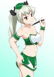Rule 34 | anchovy (girls und panzer), armband, bandeau, bare shoulders, black ribbon, breasts, cleavage, closed mouth, commentary, cowboy shot, drill hair, frilled armband, frilled cuffs, frilled skirt, frills, from side, garrison cap, girls und panzer, gradient background, green background, green hair, green hat, green shirt, green skirt, green thighhighs, hair ribbon, hat, lifting own clothes, long hair, looking at viewer, medium breasts, midriff, miniskirt, navel, official alternate costume, pacific racing team, panties, panty peek, race queen, red eyes, ribbon, riding crop, shirt, skirt, smile, solo, standing, thighhighs, twin drills, twintails, underwear, uraji (vladimir1924121)