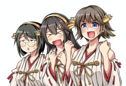 Rule 34 | &gt; &lt;, 3girls, black hair, clenched hands, detached sleeves, expressions, fang, flipped hair, glasses, haruna (kancolle), headgear, hiei (kancolle), highres, kantai collection, kirishima (kancolle), koutetunamekuji, multiple girls, nontraditional miko, purple eyes, ribbon-trimmed sleeves, ribbon trim, simple background, skin fang, smile, tears, triangle mouth, upper body, white background
