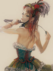 Rule 34 | 1girl, back, bare shoulders, blue eyes, corset, flower, frills, from behind, hair ornament, looking back, original, riding crop, skirt, solo, tomatika