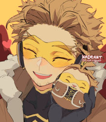 Rule 34 | 1boy, :d, ^ ^, belt, black footwear, black gloves, black shirt, blonde hair, boku no hero academia, brown jacket, brown pants, character doll, closed eyes, costume, doll, facial hair, facial mark, fur-trimmed jacket, fur trim, gloves, goatee, grin, hand up, hawks (boku no hero academia), headphones, heart, holding, holding doll, jacket, kadeart, male focus, open mouth, pants, portrait, red wings, rimless eyewear, shirt, short hair, simple background, skin tight, smile, solo, striped clothes, striped shirt, stubble, teeth, tight clothes, tight shirt, tinted eyewear, twitter username, upper teeth only, wings, yellow background, yellow eyes