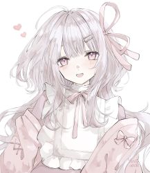 Rule 34 | 1girl, ahoge, blush, collar, collarbone, commentary, dress, frilled collar, frills, grey hair, hair ornament, hair ribbon, hairclip, heart, highres, jacket, long hair, looking at viewer, off shoulder, open mouth, original, pink dress, pink eyes, pink jacket, pink ribbon, ribbon, simple background, smile, teeth, upper teeth only, white background, white collar, yuni 0205