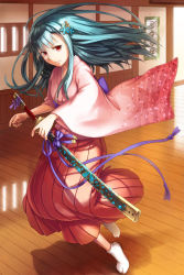 Rule 34 | 1girl, blue hair, breasts, closed mouth, commentary request, full body, hair ornament, hakama, hakama skirt, indoors, japanese clothes, katana, kimono, long hair, looking at viewer, natsuya (kuttuki), no shoes, pink kimono, red eyes, red skirt, running, scabbard, sheath, sheathed, skirt, small breasts, solo, sword, tabi, venus blade, weapon, white legwear, wide sleeves, wooden floor