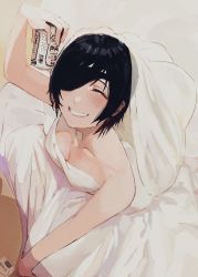 Rule 34 | 1girl, alternate costume, arm up, bare arms, bare shoulders, beer can, black hair, breasts, bridal veil, bride, can, chainsaw man, cleavage, closed eyes, collarbone, commentary, downblouse, dress, drink can, eyepatch, from above, grin, highres, himeno (chainsaw man), holding, holding can, kurokawa (kurokashi655), looking at viewer, looking up, short hair, smile, solo, symbol-only commentary, veil, wedding dress, white dress