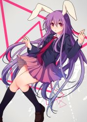 Rule 34 | 1girl, animal ears, blush, chestnut mouth, jacket, koto (sss), long hair, long sleeves, necktie, open mouth, pleated skirt, purple eyes, purple hair, rabbit ears, red necktie, reisen udongein inaba, shirt, skirt, solo, touhou, very long hair