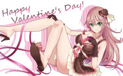 Rule 34 | 1girl, ass, bare arms, bare legs, barefoot, between breasts, black gloves, blush, bow, box, box of chocolates, breasts, brown dress, brown hat, collarbone, dress, frills, full body, gloves, green eyes, hand on own knee, happy valentine, hat, heart, highres, leaning back, long hair, looking at viewer, mini hat, original, pink hair, ribbon, shio kouji (shiokojii), simple background, sitting, sleeveless, sleeveless dress, smile, solo, very long hair, white background