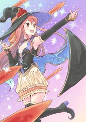 Rule 34 | 1girl, absurdres, arm warmers, armpits, atelier (series), atelier shallie, bad id, bad pixiv id, black thighhighs, boots, brown eyes, choker, female focus, hat, highres, kino (kino buro), long hair, outstretched arm, pink hair, pointing, purple background, skirt, smile, solo, thigh boots, thighhighs, white skirt, wilbell voll-ersleid, witch hat